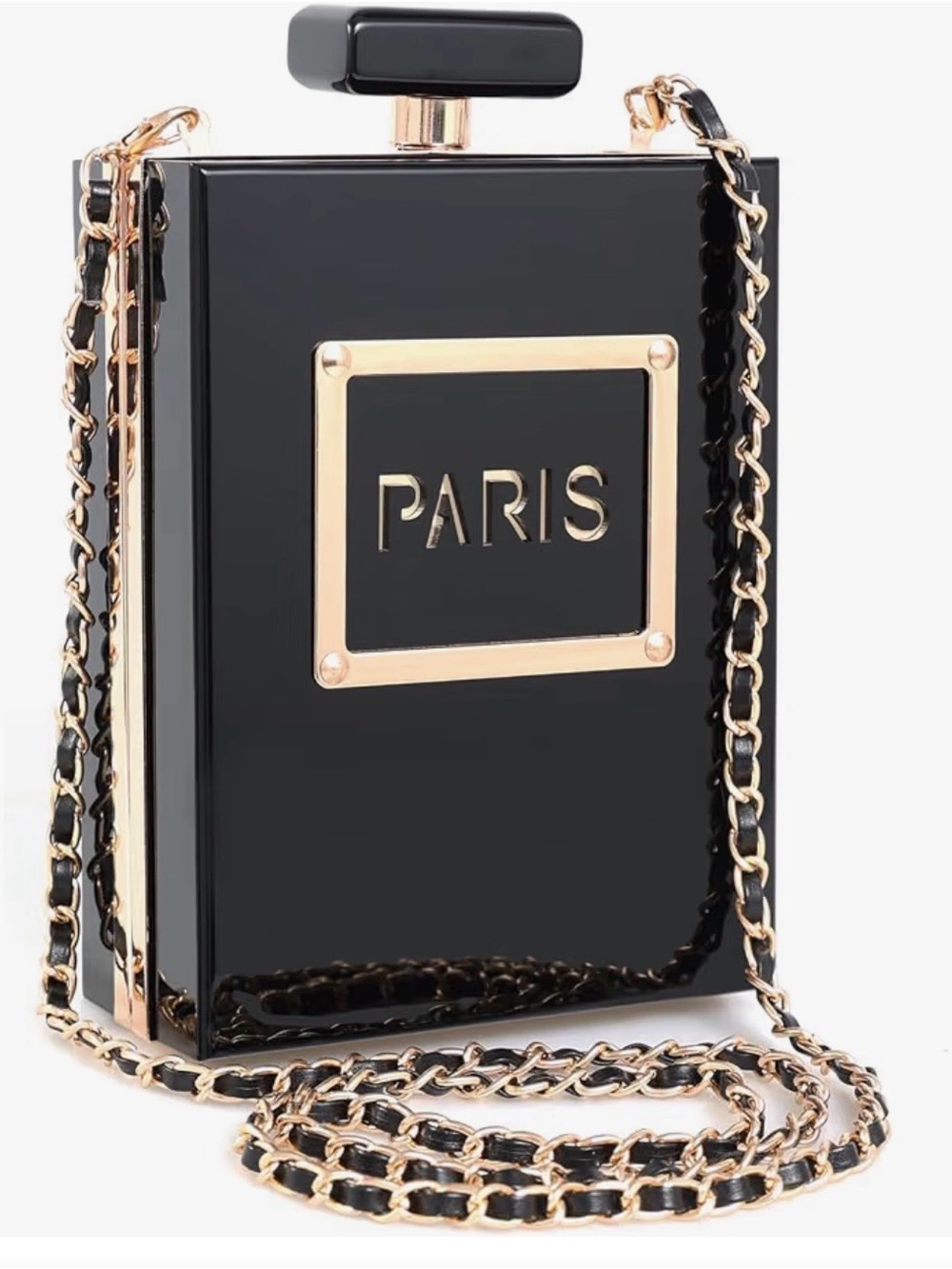 NIB Unique Novelty Perfume Bottle Evening Bag Clutch Black Gold Paris Hard Case